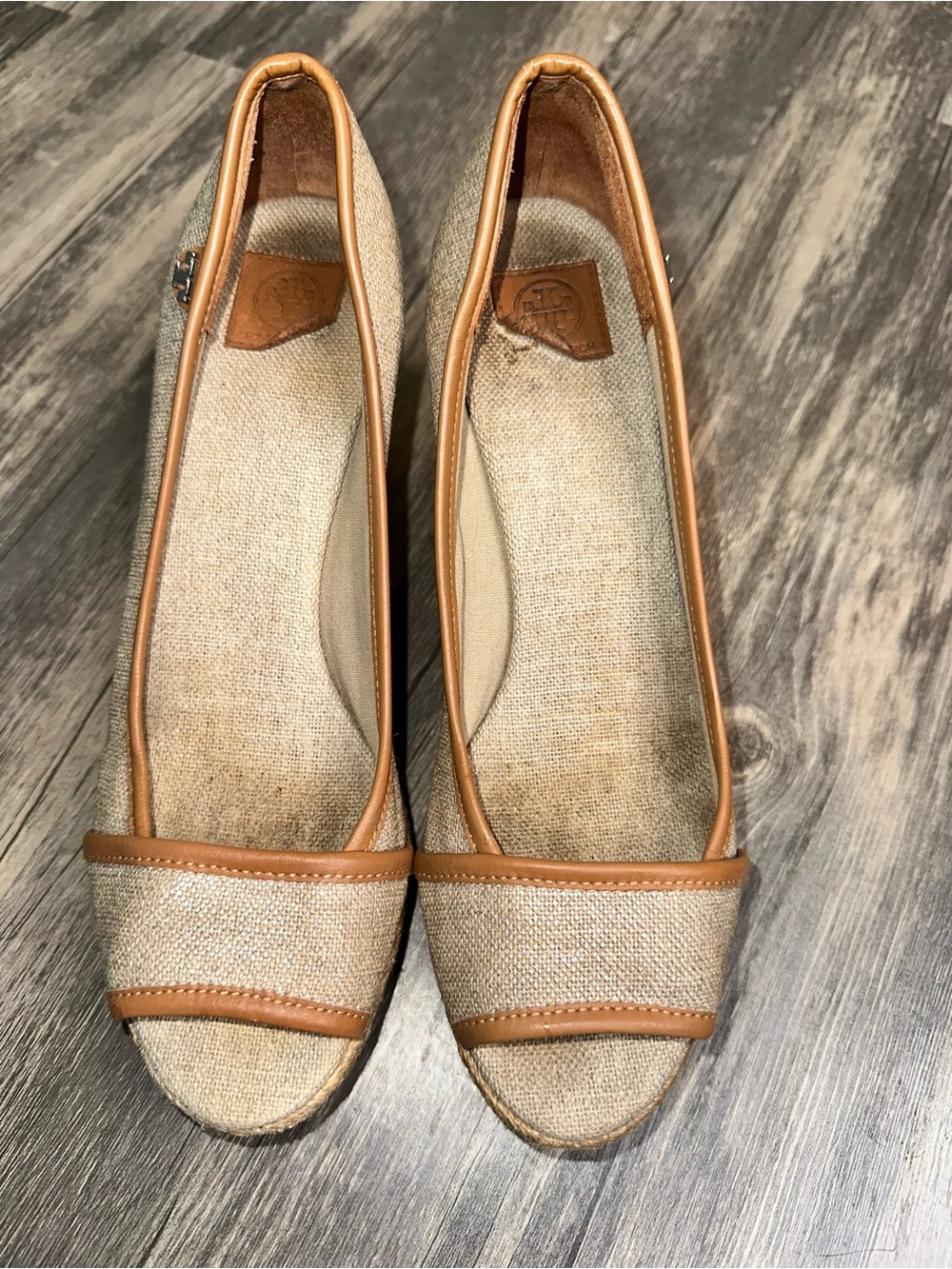 Tory Burch Canvas Espadrille Wedge Peep Toe Shoes Tan Beige Size 8.5